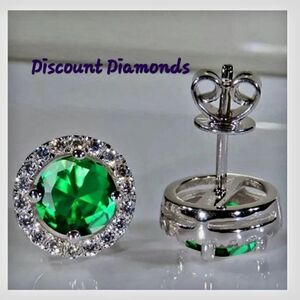 925 Silver Dainty Green 2 Ct. Diamond & White Baguette Diamond Stud Earrings